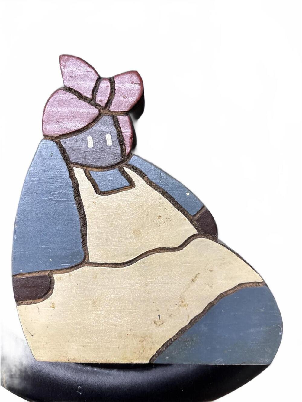 Vintage Hand-Painted Wooden Sitting Woman Figurine